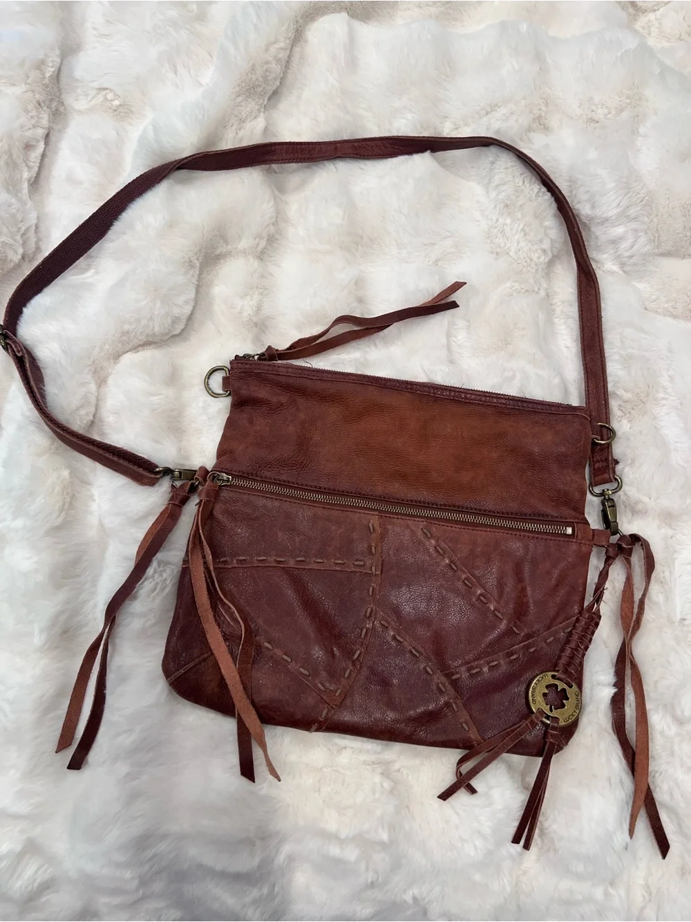 Lucky Brand Medium Brown Leather Patchwork Crossbody with Tassels